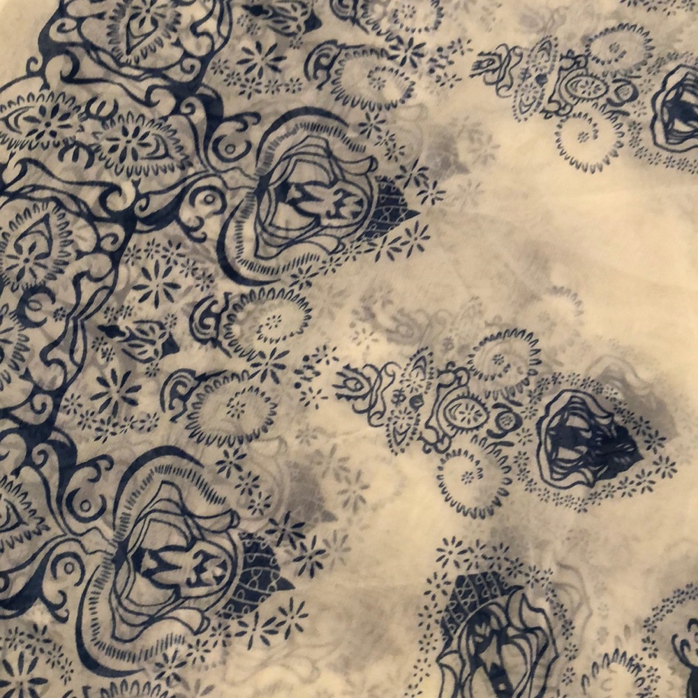 Extra Large Silk Scarf Wrap White w Blue Print